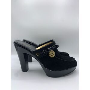 Coach Jodey Signature Black Suede Leather Heeled Platform Clogs